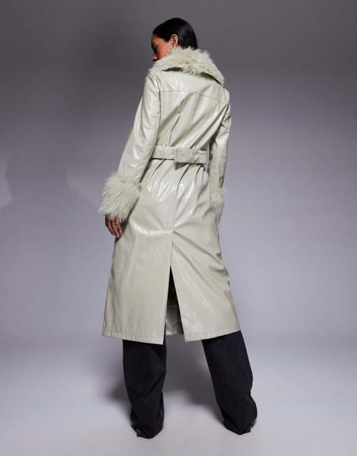 River Island – Pistacjowozielony winylowy trencz obszyty sztucznym futrem, 3 z 4