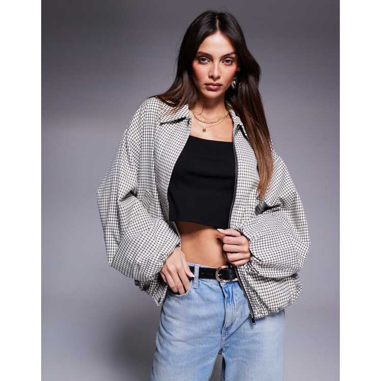 River Island plaid bubble hem bomber jacket in cream | ASOS