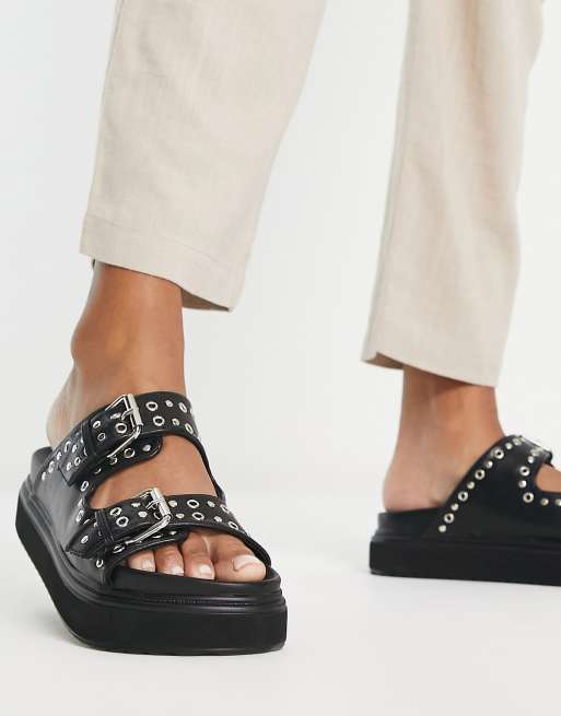 River Island - Platte sandalen met studs, dubbele gespen en slingback in zwart, 4 van 4