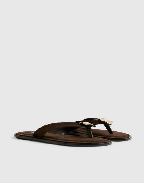 River Island - Platte teensandalen met metalen detail in donkerbruin - view 1