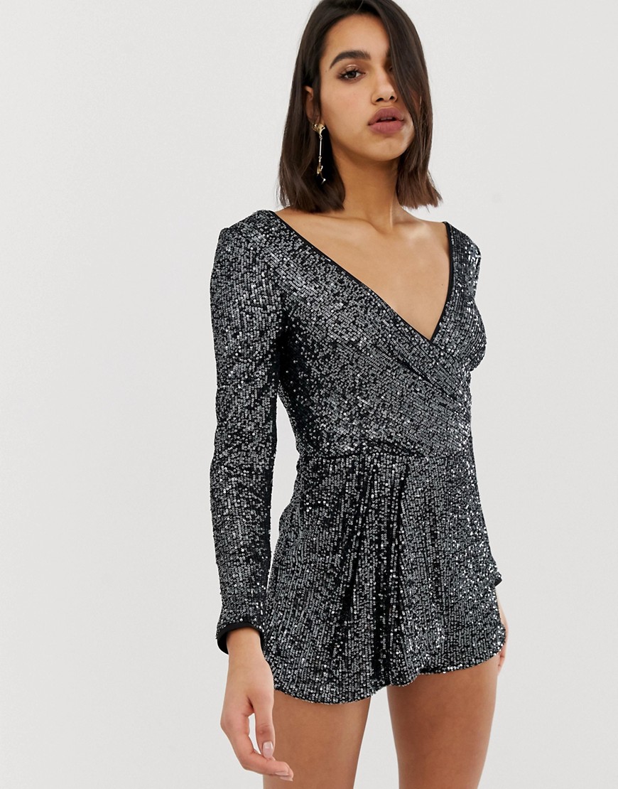 River Island playsuit with drape front in sequin-Silver