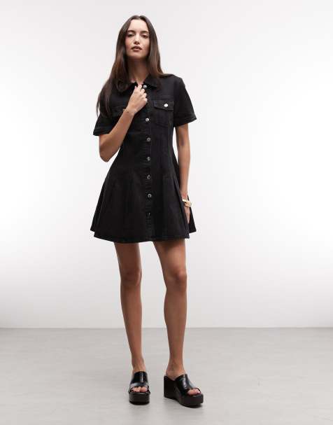 River Island pleat front denim dress in black  - view 1