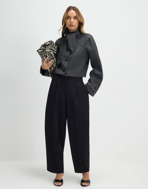River Island Pleated barrel leg trousers in black
