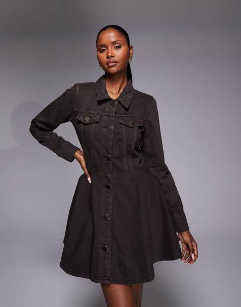 River Island pleated denim long sleeved mini dress in dark brown