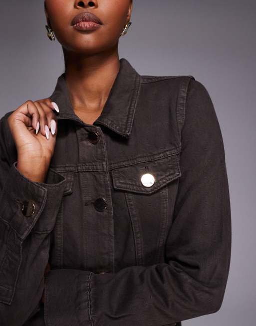 River Island pleated denim long sleeved mini dress in dark brown, 2 of 4