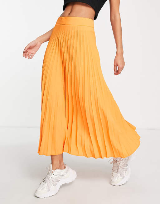 River Island pleated midi skirt in orange | ASOS