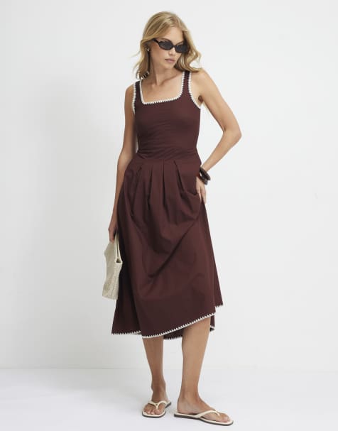 River Island Pleated poplin midi dress in brown - view 1