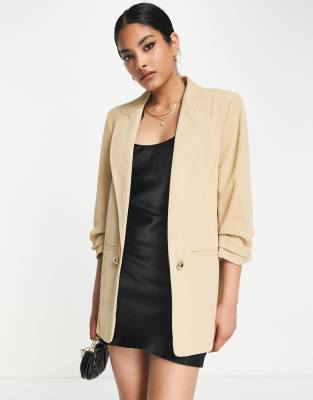 River Island pleated sleeve blazer in beige - part of a set-Neutral