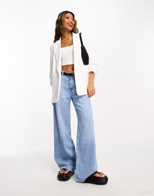 River Island pleated sleeve blazer in white