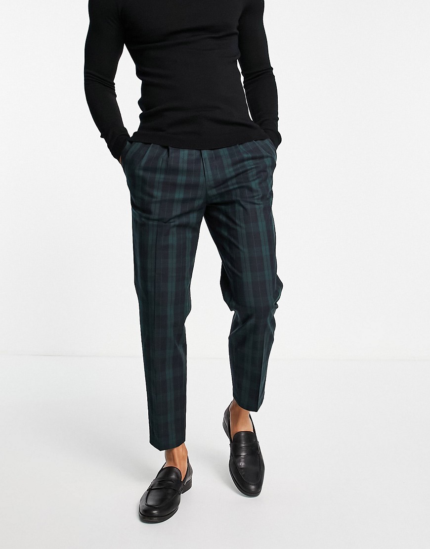 River Island pleated smart pants in blackwatch check-Green