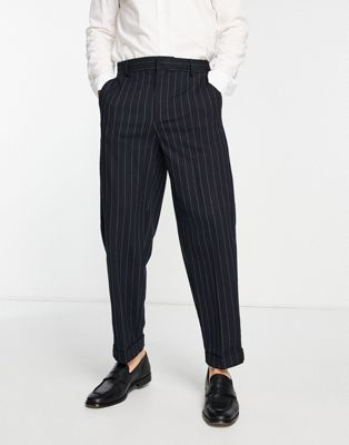 River Island pleated smart trousers in navy stripe