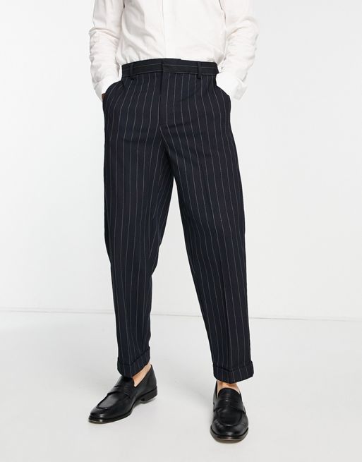 River Island pleated smart trousers in navy stripe | ASOS