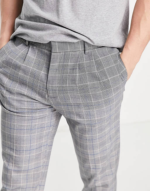 Men River Island pleated trouser in check 