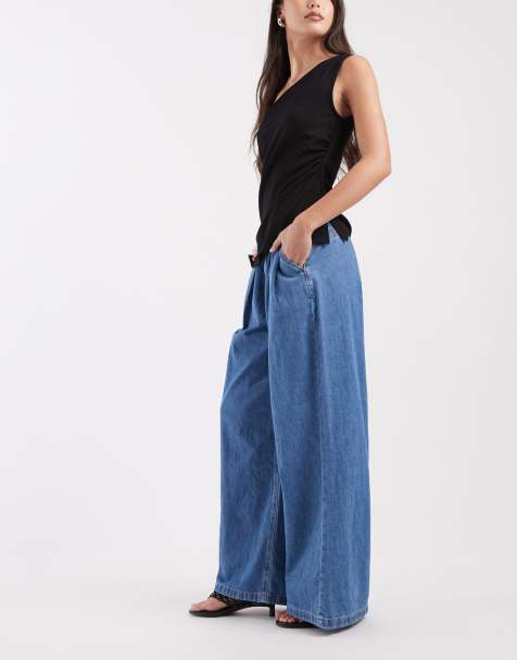 River Island pleated wide leg jeans with belt in mid denim