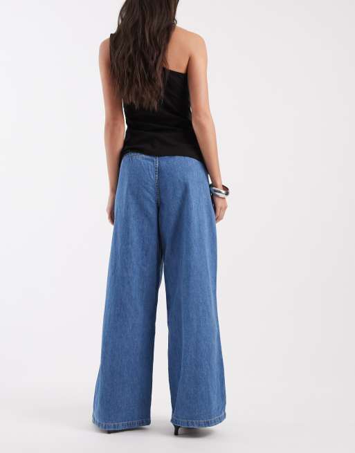 River Island pleated wide leg jeans with belt in mid denim, 2 of 5