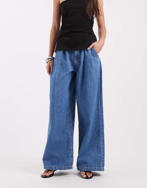 River Island pleated wide leg jeans with belt in mid denim, 3 of 5