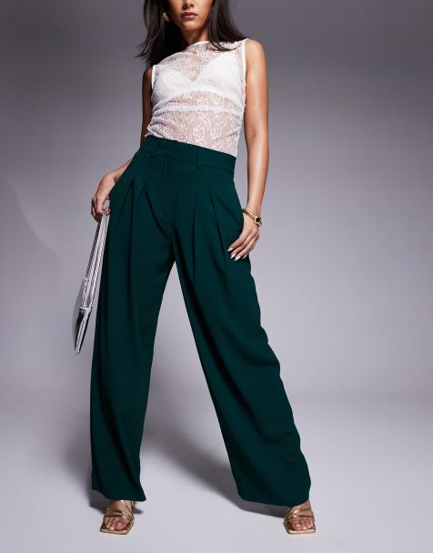 River Island pleated wide leg trouser in dark green