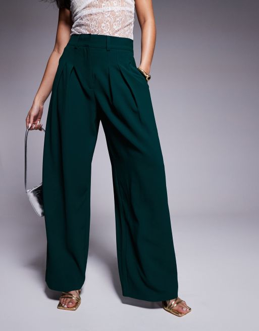 Suit Trousers Dark Green Wide Leg Pants River Island Pleated Wide