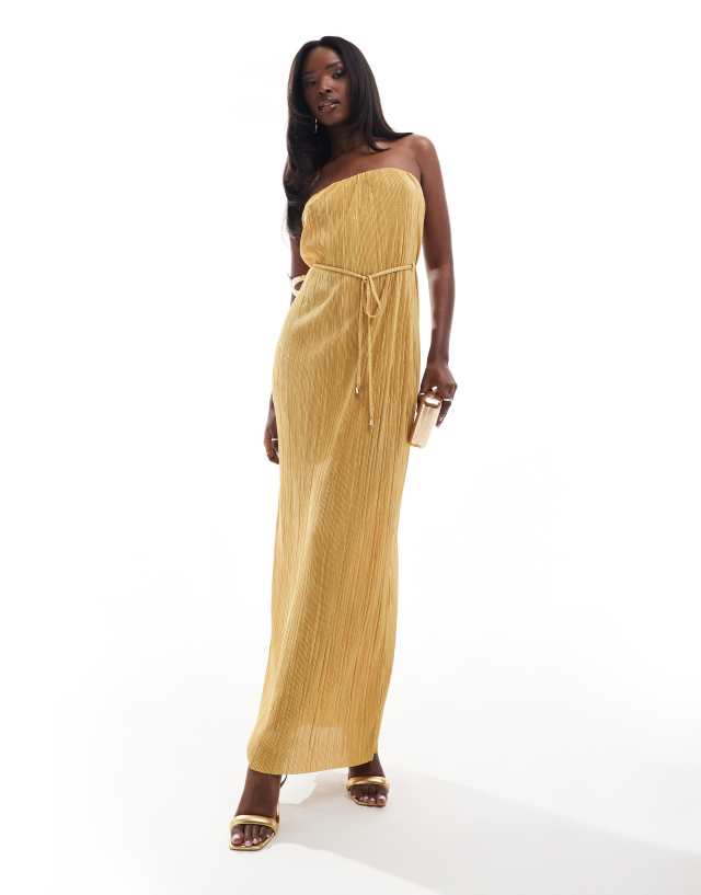 River Island - plisse bandeau maxi dress in gold