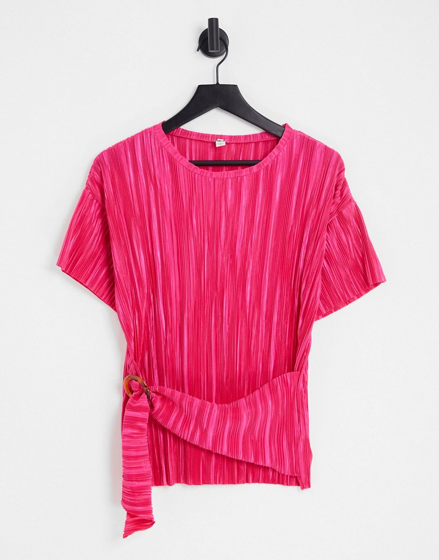 River Island Plisse Buckle Detail Top In Bright Pink