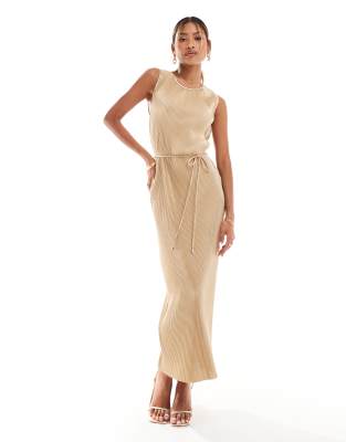 River Island plisse column midi dress in gold