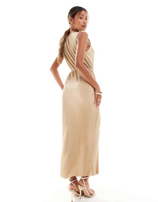 River Island plisse column midi dress in gold | ASOS
