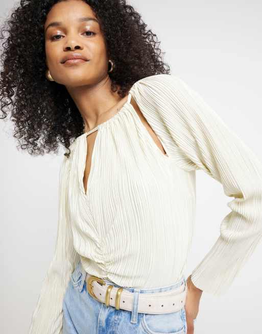 River Island Plisse cut out long sleeve top in cream