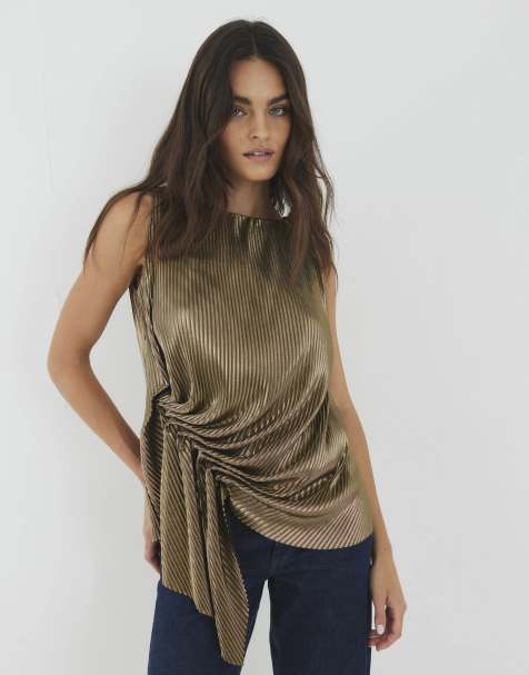 River Island Plisse drape detail top in gold - view 1