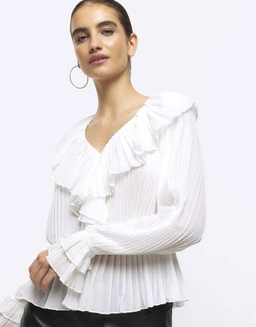 River Island Plisse frill blouse in white