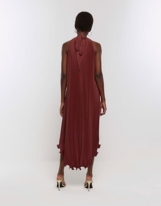 River Island Plisse frill hem slip midi dress in brown dark