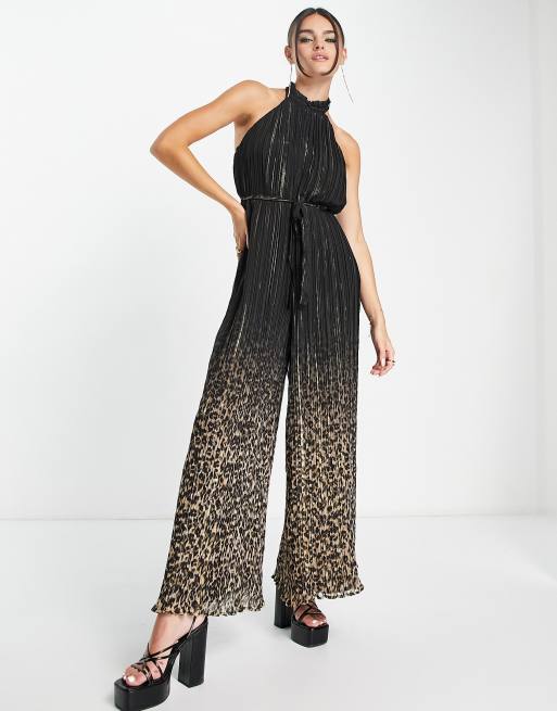 River Island plisse halter jumpsuit in black