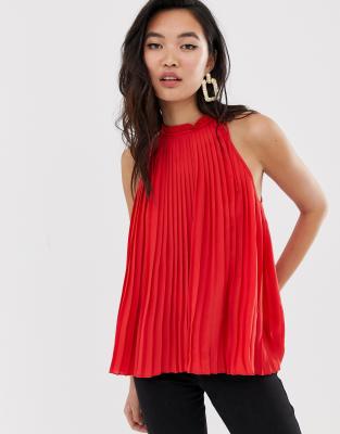 River Island plisse halter neck top in red