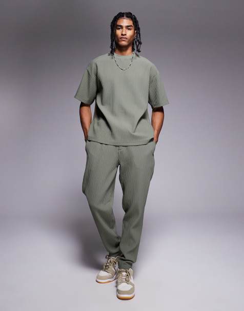 River Island plisse joggers co-ord in light khaki - view 1