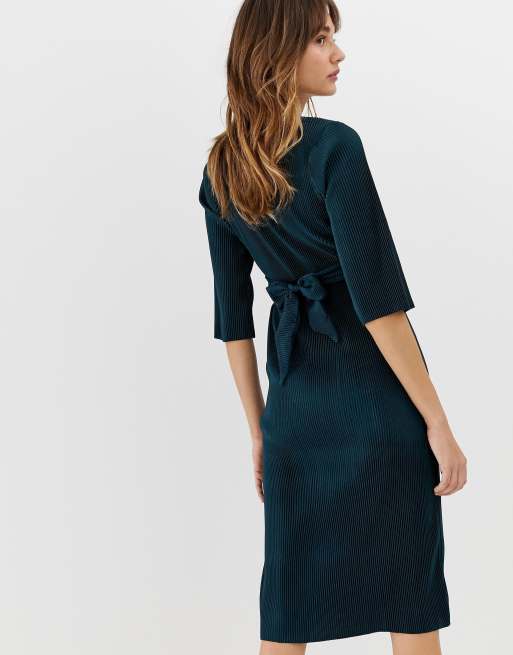 Dark green tie 2025 waist plisse midi dress