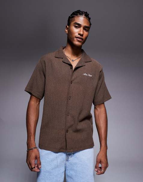 River Island plisse revere collar shirt in brown