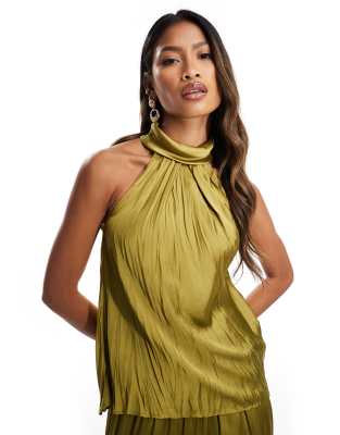 River Island Plisse Satin Halterneck Top In Khaki - Part Of A Set-green