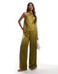 [River Island] River Island plisse satin wide leg pants in khaki (part of a set)-Green 12 KHAKI
