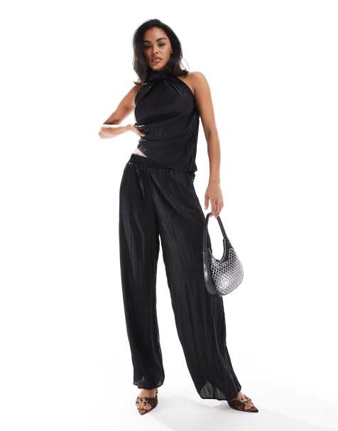 River Island plisse satin wide leg trouser co-ord in black - view 1