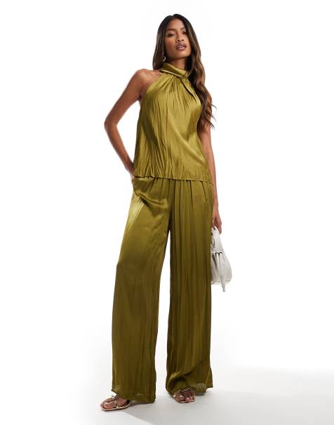 River Island plisse satin wide leg trouser co-ord in khaki