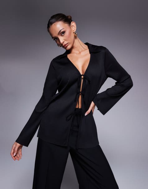 River island plisse tie front shirt in black - view 1