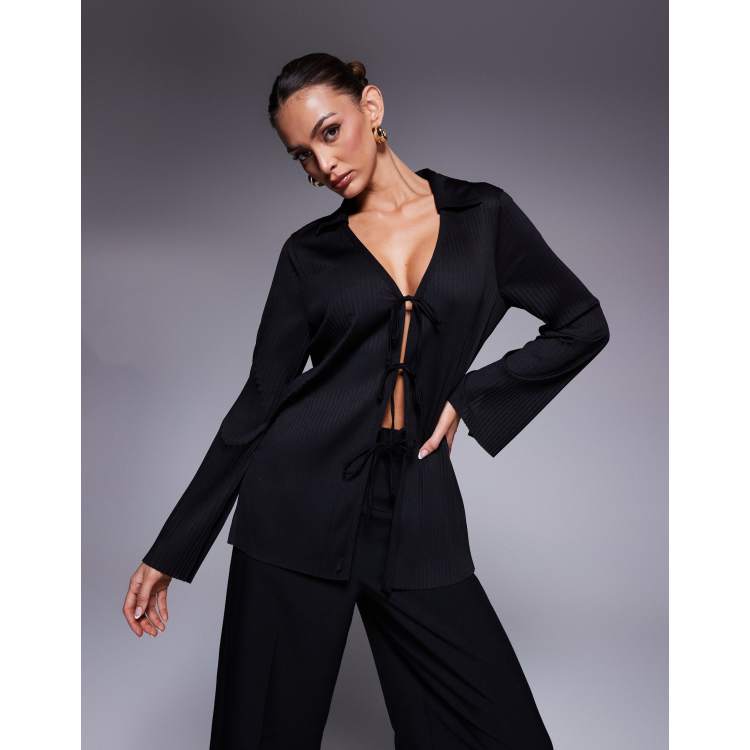 Ashen Fane Women's Tie Front Casual Shirt - 100% Combed Cotton Summer Top, Black, Large 4 thumbnail image