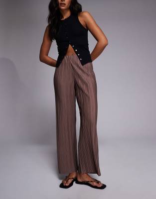 River Island Plissé Wide Leg Pants In Brown