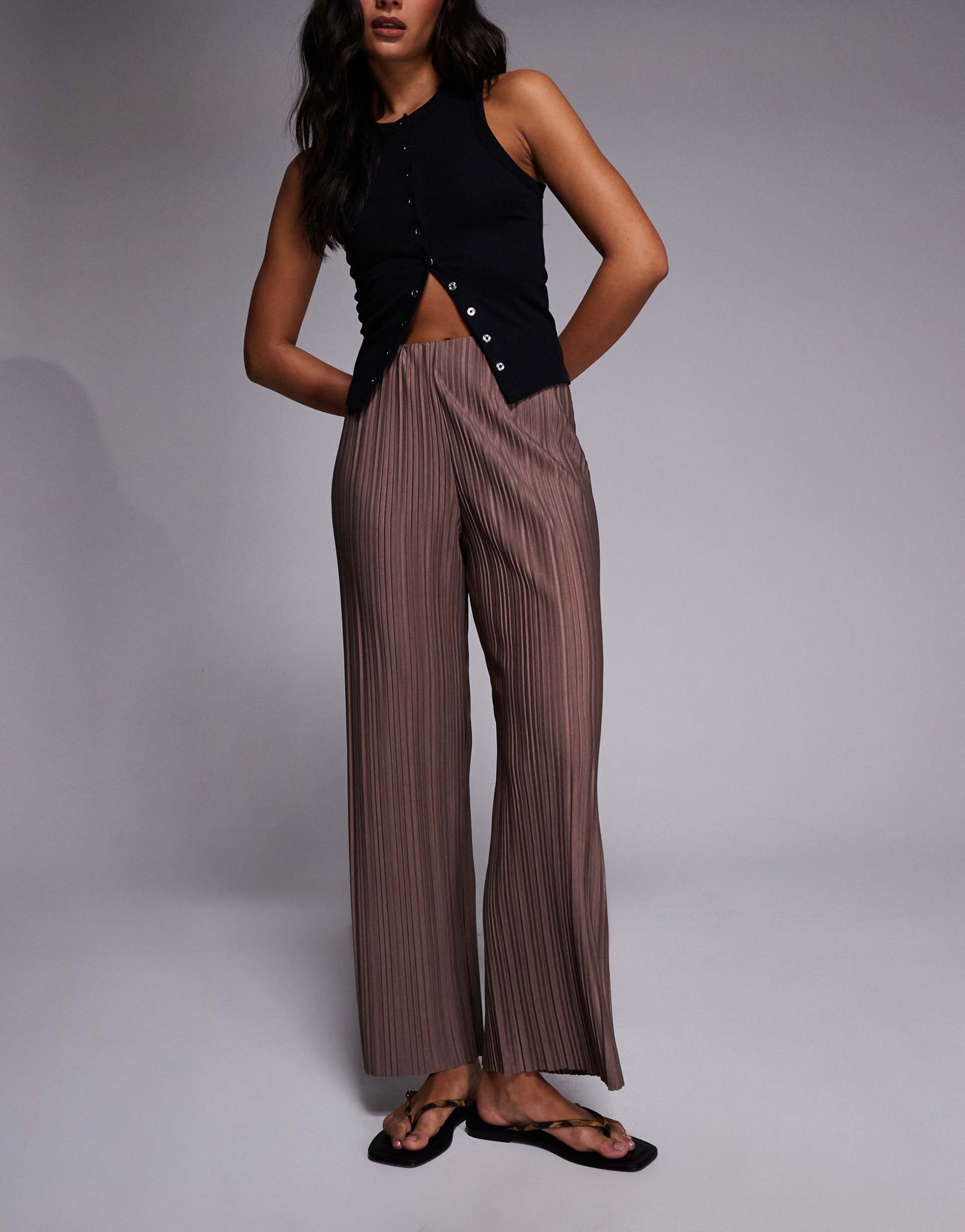 river island plissé wide leg pants in beige