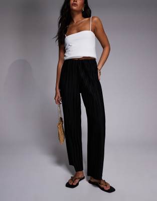 River Island Plisse Wide Leg Pants In Black
