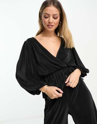 River Island - Plissiertes Wickeloberteil in Schwarz, Kombiteil-Black