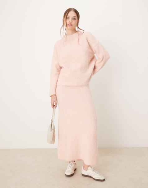 River Island - Pluizige gebreide maxirok in lichtroze, deel van co-ord set - view 1