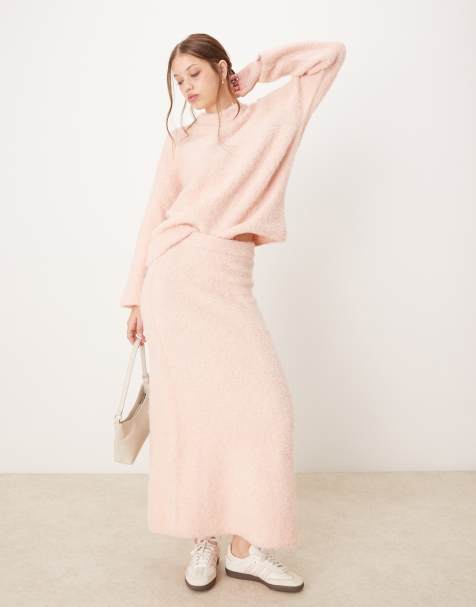 River Island - Pluizige gebreide maxirok in lichtroze, deel van co-ord set - view 1