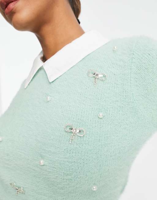 River Island - Pluizige hybride trui met versiering in lichtgroen, 3 van 4