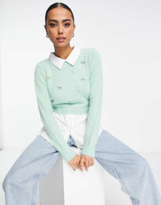 River Island - Pluizige hybride trui met versiering in lichtgroen, 4 van 4