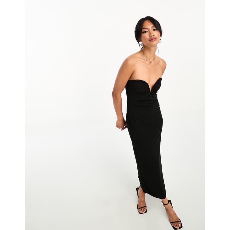 River Island plunge bandeau bodycon midi dress in black | ASOS